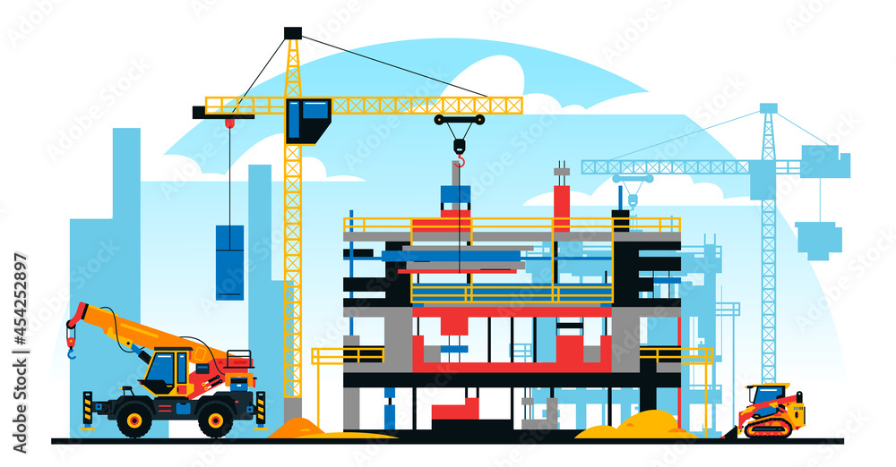 A building under construction against the background of a city under construction. A site with heavy commercial vehicles. Crane, sand. Vector illustration.