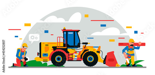 Construction equipment and workers at the site. Colorful background of geometric shapes and clouds. Builders, construction equipment, maintenance personnel, excavator, carpenter. Vector illustration.