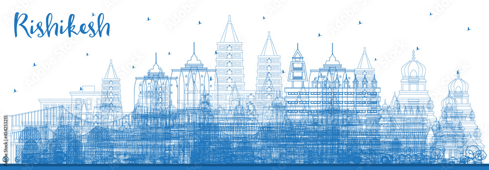 Outline Rishikesh India City Skyline with Blue Buildings.