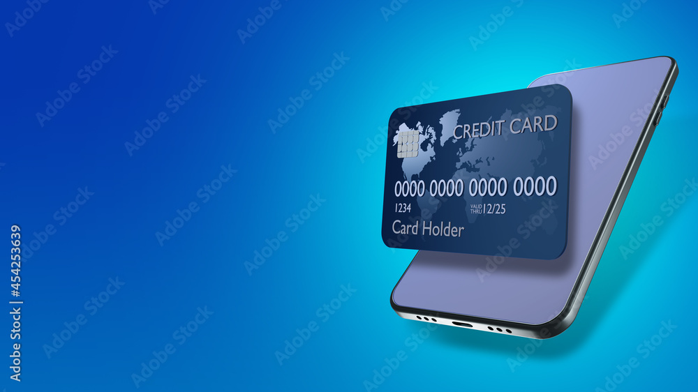 Credit card next to phone. concept of bank card linked to application. Payment by credit card in applications. Payments using mobile application. Cellphone on blue background. 3d image. Credit card next to phone. concept of bank card linked to application. Payment by credit card in applications. Payments using mobile application. Cellphone on blue background. 3d image.