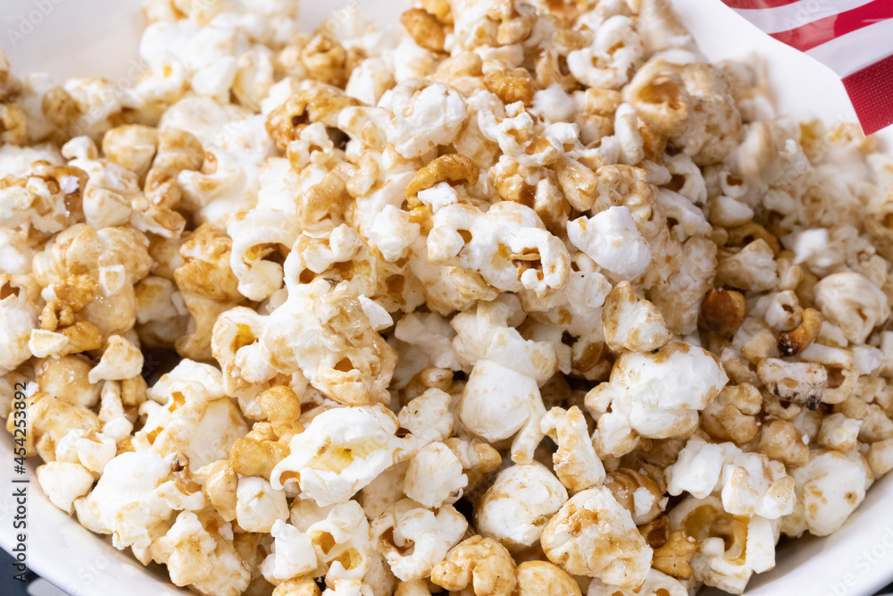 Close-up of Caramel popcorn on the bowl, selective focus