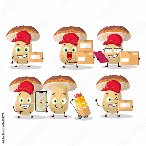Cartoon character design of new cep mushroom working as a courier