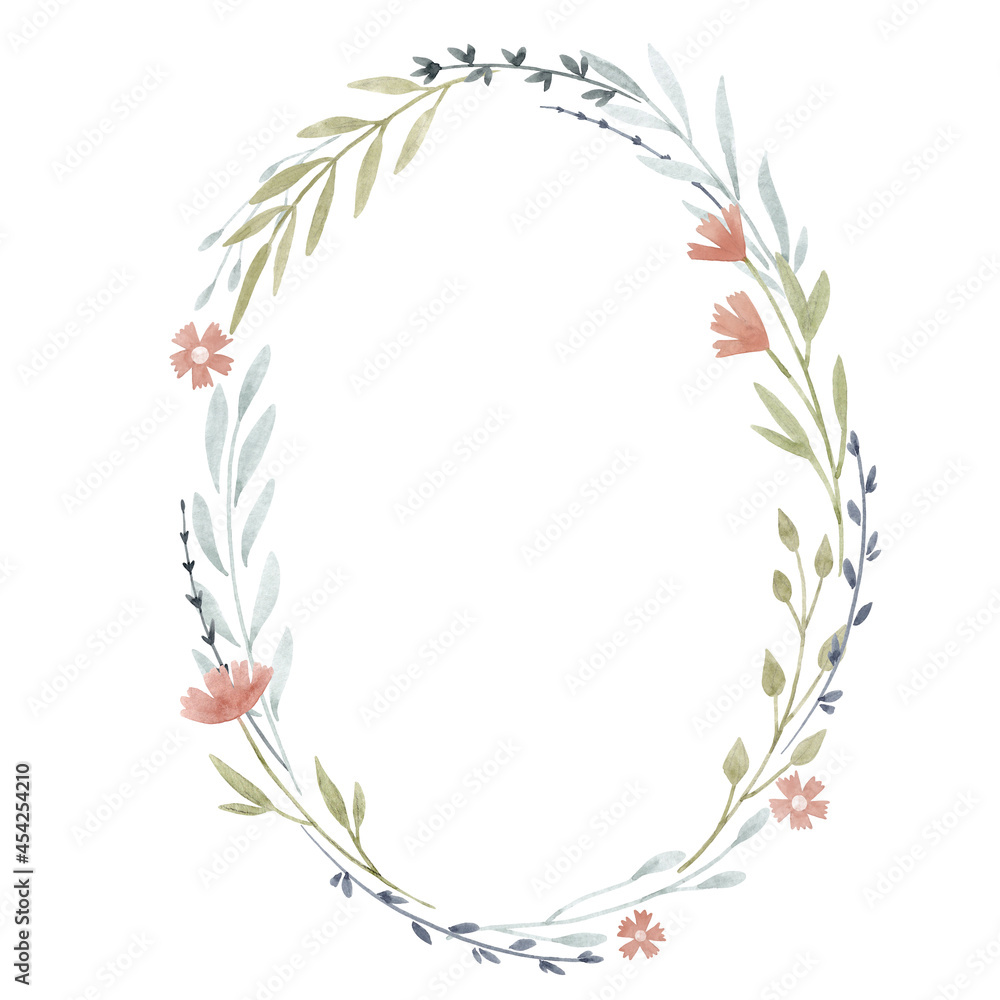 Fototapeta premium Beautiful stock illustration with hand drawn watercolor gentle floral wreath.