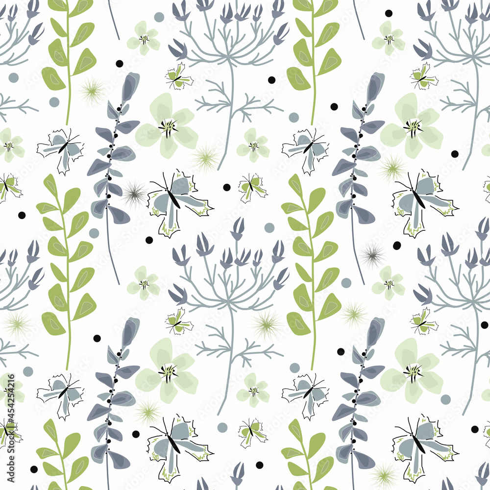  Seamless retro floral pattern. Gray, green flowers and twigs on a white background.