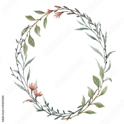 Beautiful stock illustration with hand drawn watercolor gentle floral wreath.