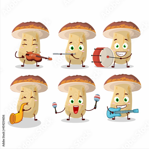 Cartoon character of new cep mushroom playing some musical instruments