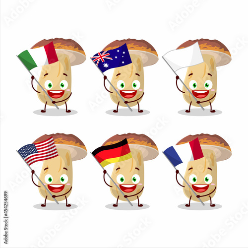 New cep mushroom cartoon character bring the flags of various countries
