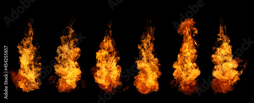 Set of fire and burning flame isolated on dark background for graphic
