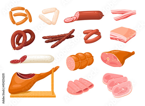 Meat product collection. Vector illustration cartoon flat icon set isolated on white background.