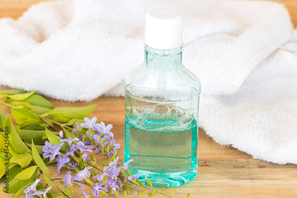 mouthwash health care of oral cavity of lifestyle arrangement flat lay style on background wooden mouthwash health care of oral cavity of lifestyle arrangement flat lay style on background wooden