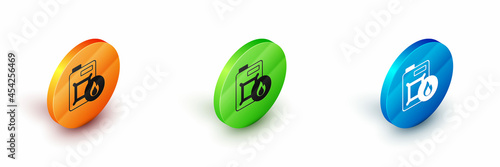 Isometric Canister for motor machine oil icon isolated on white background. Oil gallon. Oil change service and repair. Engine oil sign. Circle button. Vector