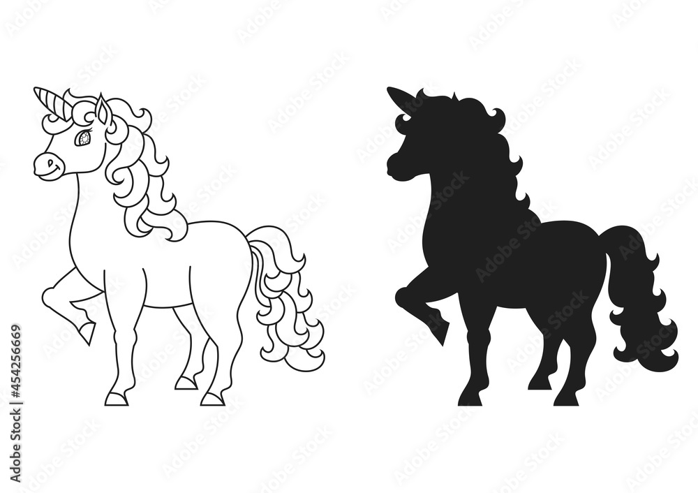 Fototapeta Cute unicorn. Magic fairy horse. Coloring book page for kids. Black silhouette. Cartoon style. Vector illustration isolated on white background.