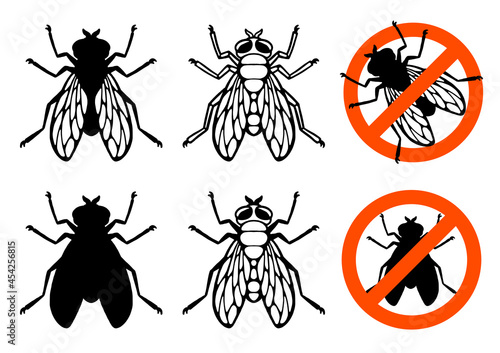 Fly insect. Prohibition sign. Outline silhouette. Design element. Vector illustration isolated on white background. Template for reppelent. © PlatypusMi86