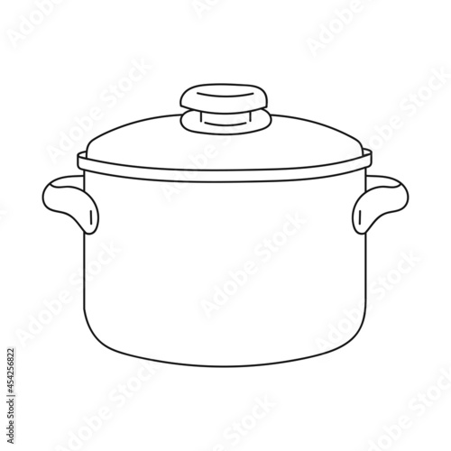 Metal stewpan with lid. Coloring book page for kids. Cartoon style. Vector illustration isolated on white background.