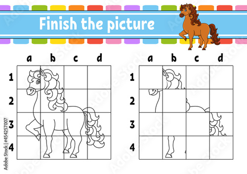 Finish the picture. Cute horse. Farm animal. Coloring book pages for kids. Education developing worksheet. Game for children. Handwriting practice. Coon character. Vector illustration.