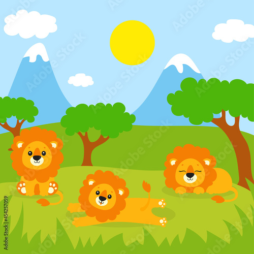 Lovely lions are sitting in a forest clearing. Colored vector illustration.