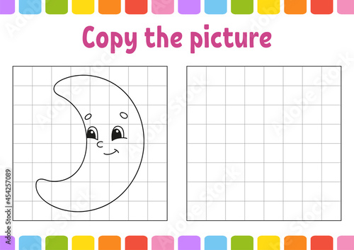 Copy the picture. Coloring book pages for kids. Education developing worksheet. Game for children. Handwriting practice. Funny character. Cute cartoon vector illustration.