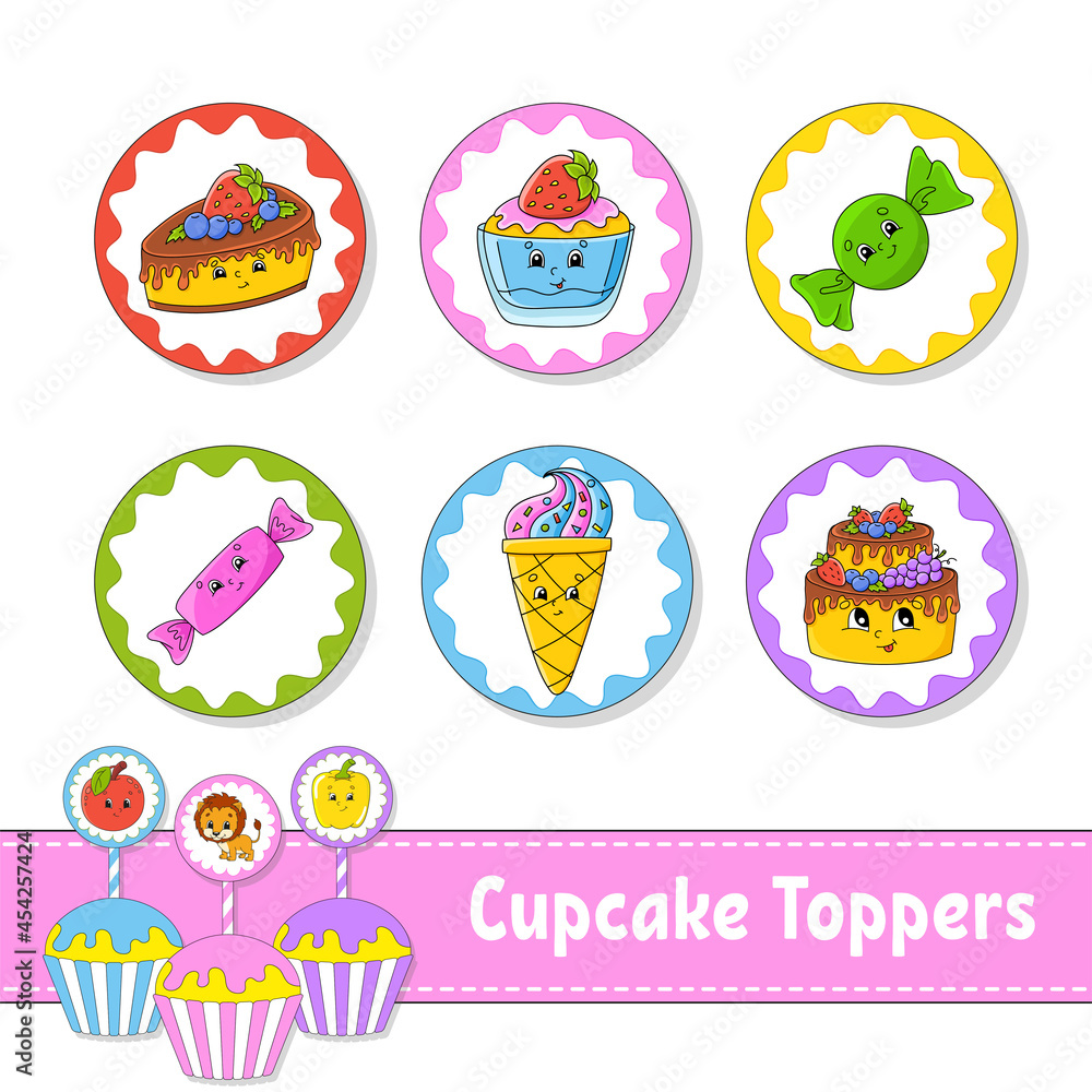 Cupcake Toppers. Set of six round pictures. Cartoon characters. Cute image. For birthday, party, baby shower. Cupcake Toppers. Set of six round pictures. Cartoon characters. Cute image. For birthday, party, baby shower.