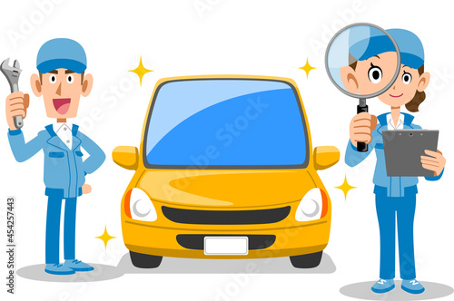 自動車を整備する男性自動車整備士と問題箇所をチェックする女性自動車整備士 
