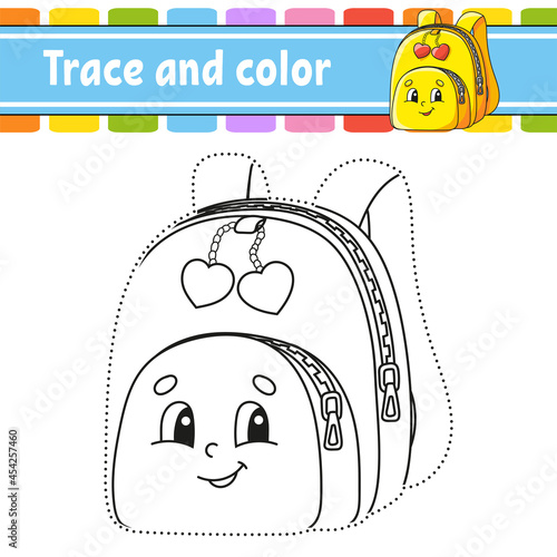 Trace and color. Coloring page for kids. Back to school theme. Handwriting practice. Education developing worksheet. Activity page. Game for toddlers. Isolated vector illustration. Cartoon style.