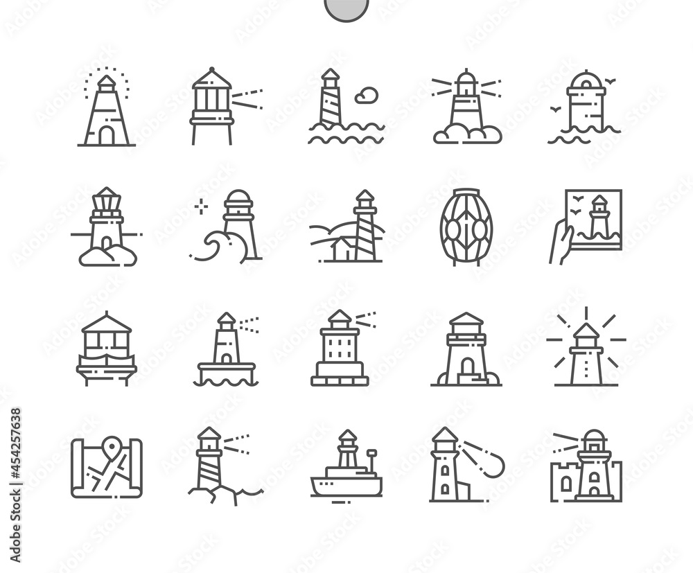 Lighthouse. Beacon lens. Navigation. Travel, signal, tourism, searchlight, seascape, marine. Pixel Perfect Vector Thin Line Icons. Simple Minimal Pictogram Lighthouse. Beacon lens. Navigation. Travel, signal, tourism, searchlight, seascape, marine. Pixel Perfect Vector Thin Line Icons. Simple Minimal Pictogram