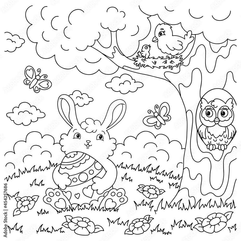 Fototapeta premium Easter rabbit with egg. Coloring book page for kids. Cartoon style. Vector illustration isolated on white background.