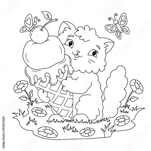 A cute fluffy cat holds delicious appetizing ice cream in its paws. Coloring book page for kids. Cartoon style. Vector illustration isolated on white background.