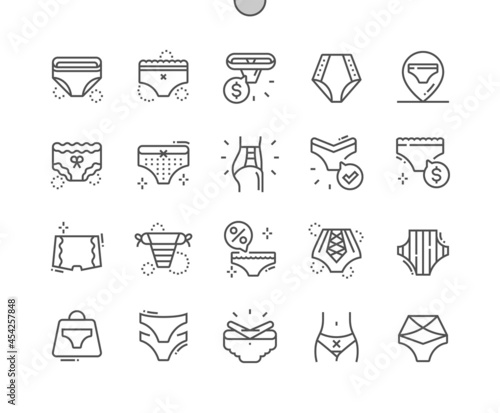 Lingerie. Shop underwear. Female fashion. Corrective lingerie. Underclothes, bikini, thong. Pixel Perfect Vector Thin Line Icons. Simple Minimal Pictogram