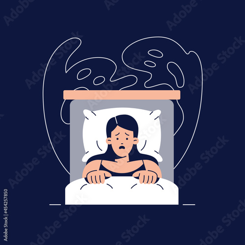 Nightmare disorder concept. Scared woman is waking up from a nightmare, lying in bed and being afraid of ghost. Sleeping disorder, night terror, insomnia for web design.Flat vector illustration