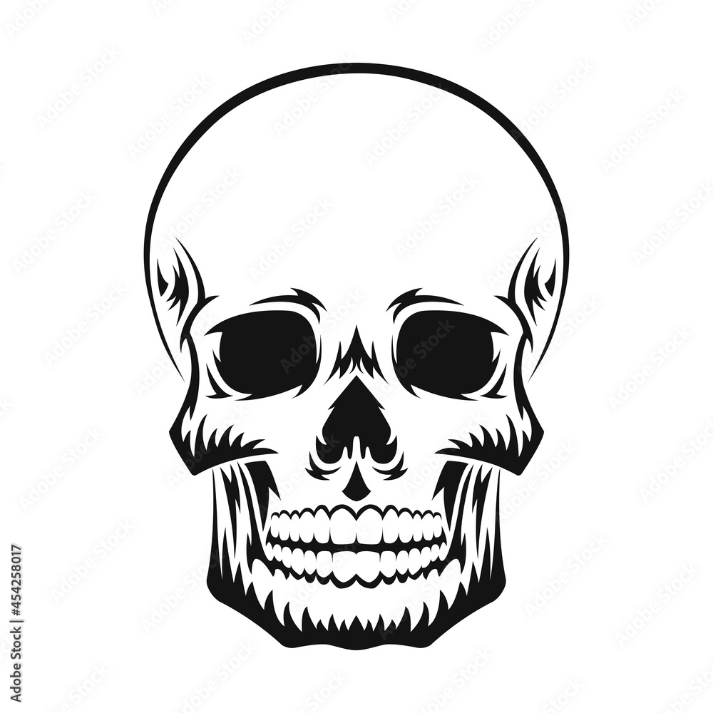 Fototapeta premium Human skull. Black silhouette. Design element. Hand drawn sketch. Vintage style. Vector illustration isolated on white background.