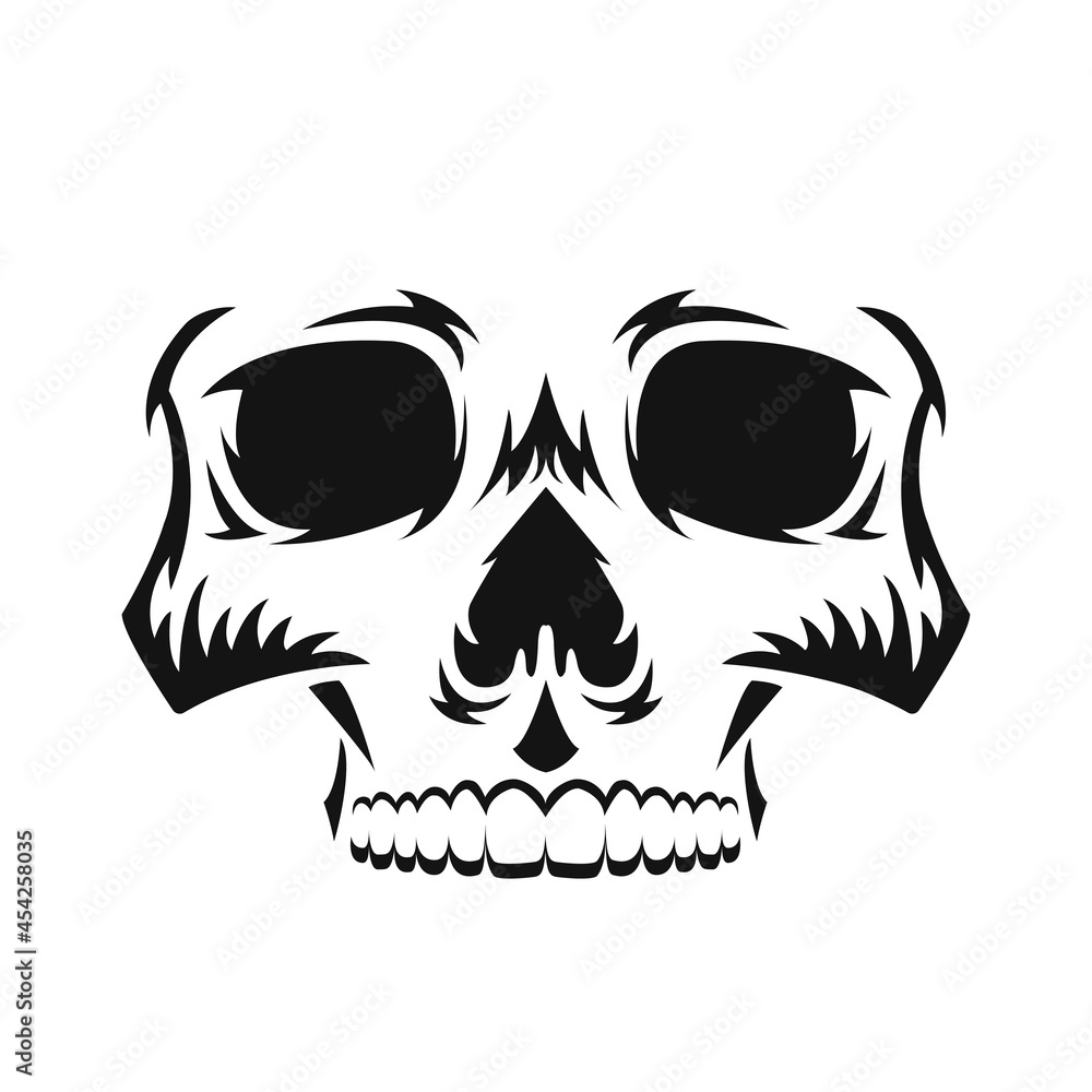 Obraz premium Human skull. Black silhouette. Design element. Hand drawn sketch. Vintage style. Vector illustration isolated on white background.