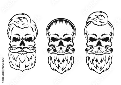 Human skull with beard and mustache. Black silhouette. Design element. Hand drawn sketch. Vintage style. Vector illustration.