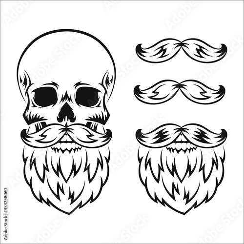 Human skull with beard and mustache. Black silhouette. Design element. Hand drawn sketch. Vintage style. Vector illustration.