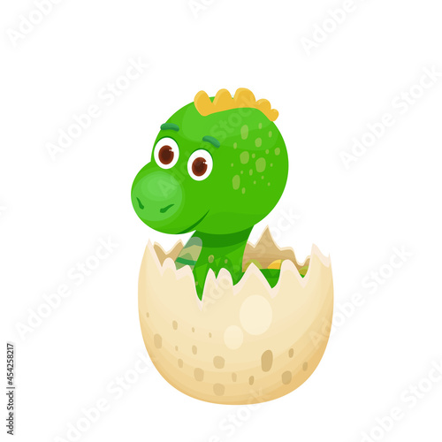Cute dinosaur baby in egg hatching in cartoon style isolated on white background. Animal, reptile little adorable monster. 