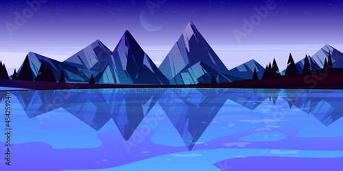 Dusk mountain lake scenery landscape, dark sky with waning moon and stars above pond surrounded with trees and rocks. Beautiful night nature scenic background, evening view Cartoon vector illustration
