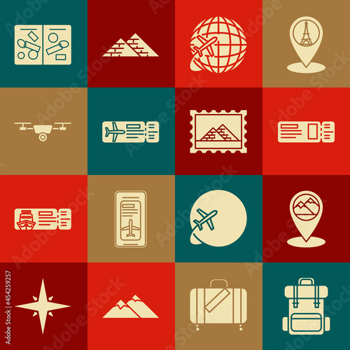Set Hiking backpack, Map pointer with mountain, Travel ticket, Globe flying plane, Airline, Drone action video camera, Passport pages visa stamps and Postal and Egypt pyramids icon. Vector