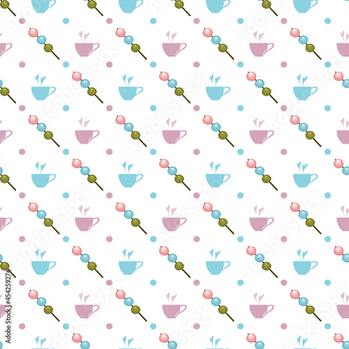 Japanese dessert colorful dango and cup of hot tea isolate on white background. Seamless pattern.