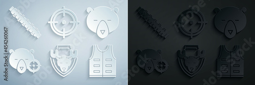 Set Moose head on shield, Bear, Hunt bear with crosshairs, Hunting jacket, Target sport for shooting competition and cartridge belt cartridges icon. Vector
