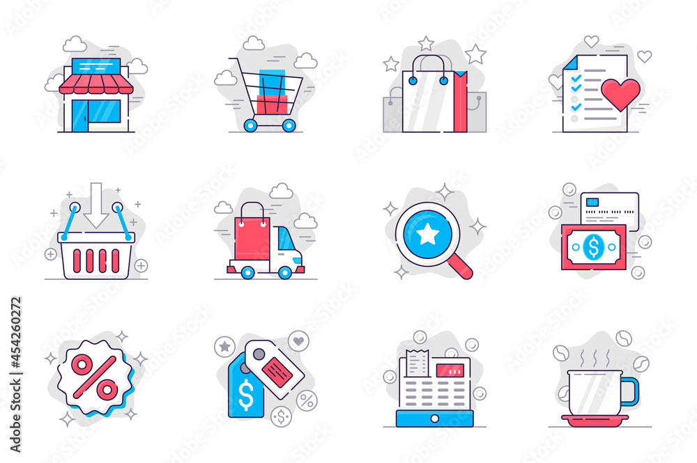 Shopping concept flat line icons set. Make and pay for purchases at sales. Bundle of shop, bag, wish list, delivery, search, discount and other. Vector conceptual pack outline symbols for mobile app