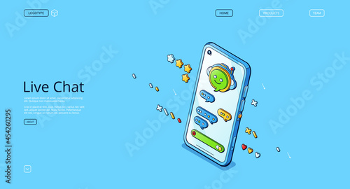 Live chat banner. Online conversation with customer support, mobile phone app for talk with service center. Vector landing page with isometric illustration of messenger interface on smartphone screen