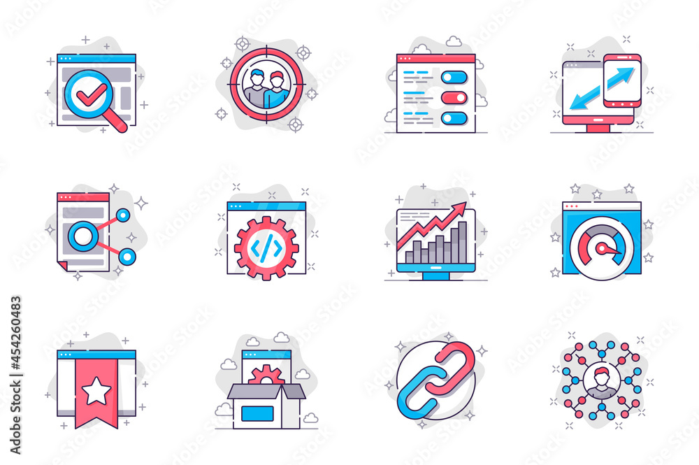Seo optimization concept flat line icons set. Settings and online website promotion. Bundle of target, link, statistics, growth, speed and other. Vector conceptual pack outline symbols for mobile app