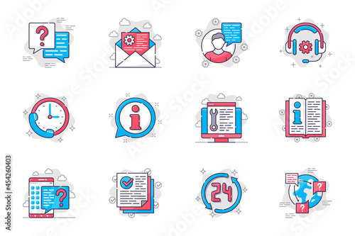 Customer support concept flat line icons set. Consultation and assistance in call center. Bundle of message, headphones, question, faq and other. Vector conceptual pack outline symbols for mobile app
