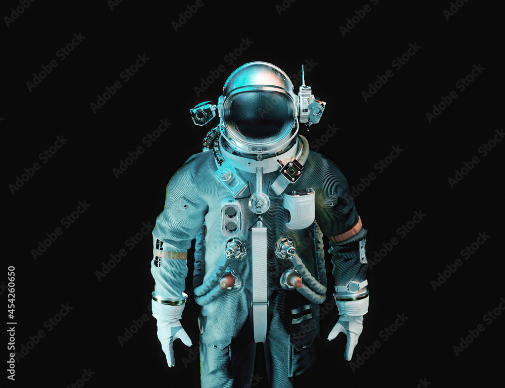 3d rendering of Astronaut cosmonaut in dark deep space background. Science wallpaper. close-up view Twinkling eyes