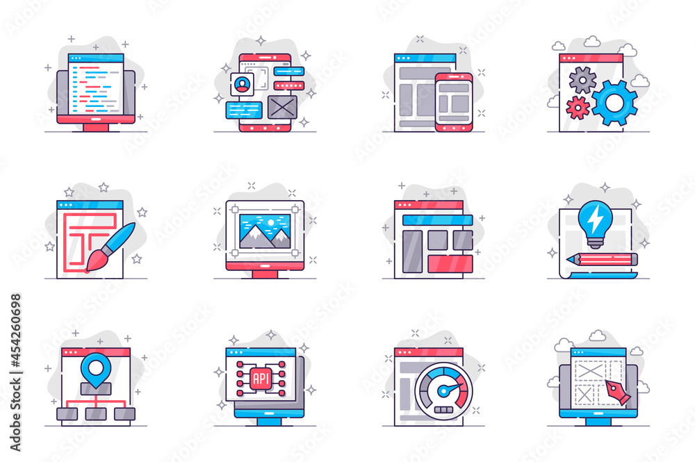 Design and development concept flat line icons set. Website creation and optimization. Bundle of code, layout, settings, structure, api, other. Vector conceptual pack outline symbols for mobile app Design and development concept flat line icons set. Website creation and optimization. Bundle of code, layout, settings, structure, api, other. Vector conceptual pack outline symbols for mobile app