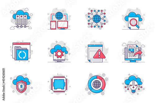 Cloud technology concept flat line icons set. Cloud storage and database servers. Bundle of networking, global, search, settings, security, other. Vector conceptual pack outline symbols for mobile app