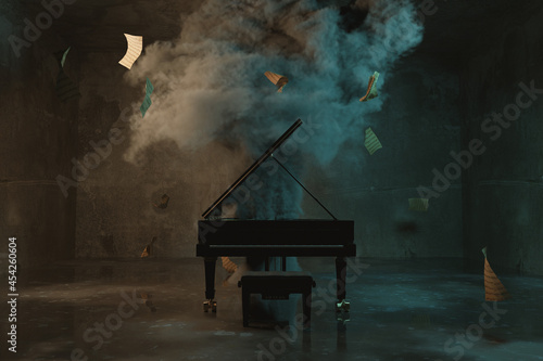 3d rendering of black piano in front of hurricane and flying sheets
