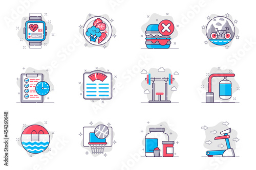 Fitness concept flat line icons set. Healthy lifestyle and sports activity. Bundle of diet, bike, barbell, punching bag, pool, basketball, other. Vector conceptual pack outline symbols for mobile app