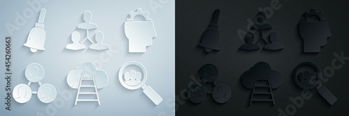 Set Ladder leading to cloud, Human with gear inside, Project team base, Magnifying glass for search people, and Ringing bell icon. Vector