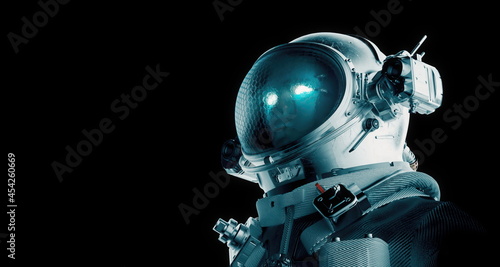 3d rendering of Astronaut cosmonaut in dark deep space background. Science wallpaper. close-up view Twinkling eyes © jeffery