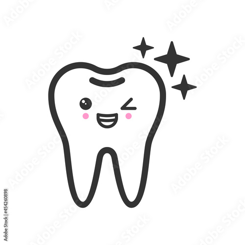 Shiny healthy tooth with emotional face, cute vector icon illustration. Line style isolated image